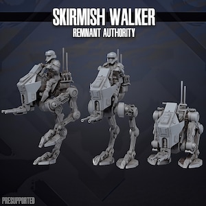 May include: Three grey miniature Skirmish Walker figures from Remnant Authority. Two walkers feature a pilot figure seated on top, while the third is a compact walker unit. Each model displays mechanical leg joints, front-mounted cannons, and antennas.