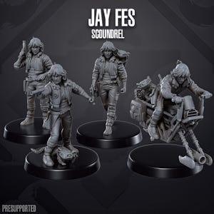 May include: A set of four grey resin miniature figures titled JAY FES SCOUNDREL. The figures depict a character in a jacket and trousers, shown standing with a blaster, walking with a small creature on their shoulder, and riding a speeder bike.