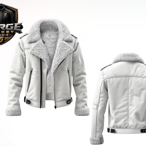 Puede incluir: Chaqueta de cuero blanca con cuello y forro de borrego. La chaqueta tiene cierre de cremallera, bolsillos laterales y cinturón con hebilla en la cintura. La imagen también muestra la parte trasera de la chaqueta. El logo "FORGE JACKET STUDIO" está arriba a la izquierda.