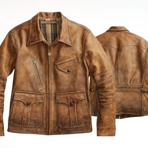 May include: A distressed tan leather jacket featuring a front zipper closure, a pointed collar, two large button-flap pockets at the waist, a smaller angled chest pocket, and a plaid interior lining. The back view shows a yoke and side waist tabs.