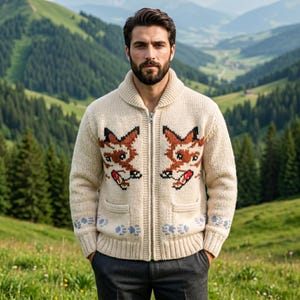 May include: Cream-coloured zip-up sweater with fox designs on the front. The sweater has a shawl collar, two front pockets, and blue paw print accents. The background features a mountain landscape.