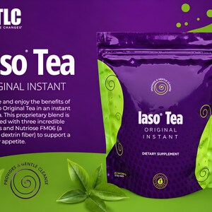 May include: A purple and green package of Iaso Tea Original Instant, a dietary supplement. The package features the brand name and product description, with green leaf accents and the text "Provides a Gentle Cleanse."