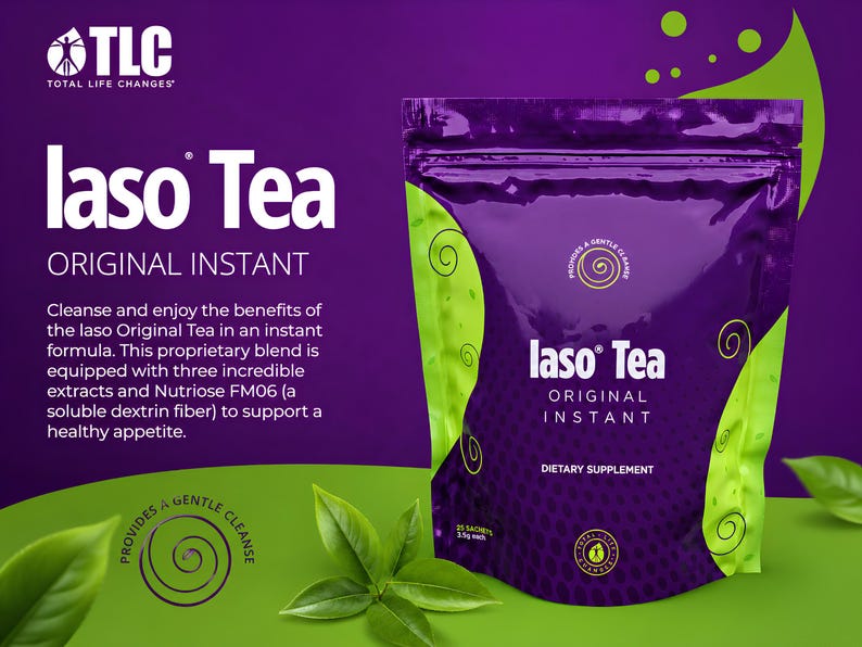 May include: A purple and green package of Iaso Tea Original Instant, a dietary supplement. The package features the brand name and product description, with green leaf accents and the text "Provides a Gentle Cleanse."