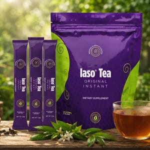 May include: An image of Iaso Tea products, including individual packets and a large bag, all in shades of purple and green. A clear glass cup of tea sits next to the packets, with a wooden bowl of tea leaves and greenery in the foreground. The text "Iaso Tea" is visible.