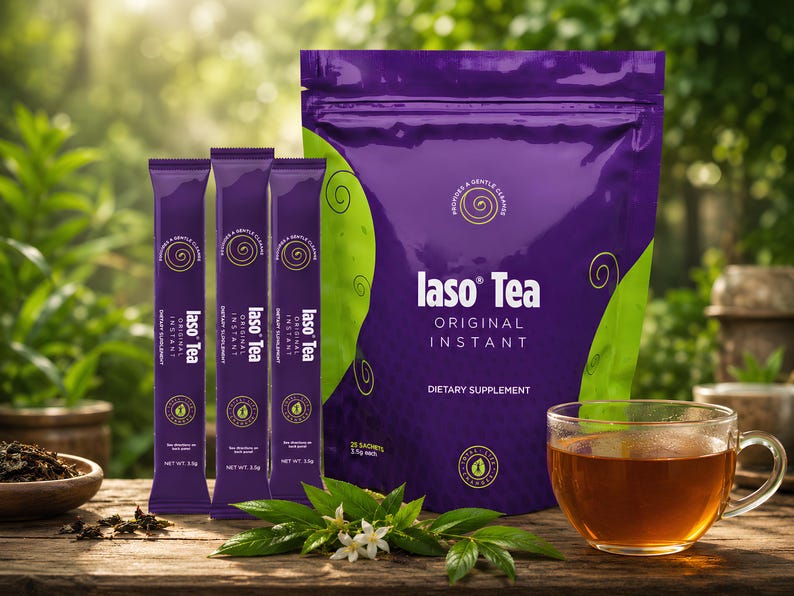 May include: An image of Iaso Tea products, including individual packets and a large bag, all in shades of purple and green. A clear glass cup of tea sits next to the packets, with a wooden bowl of tea leaves and greenery in the foreground. The text "Iaso Tea" is visible.