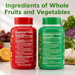 May include: Two supplement bottles, one red and one green, with the text "Ingredients of Whole Fruits and Vegetables." The red bottle lists fruit ingredients, and the green bottle lists vegetable ingredients. The background features various fruits and vegetables.
