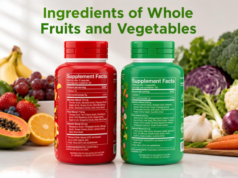 May include: Two supplement bottles, one red and one green, with the text "Ingredients of Whole Fruits and Vegetables." The red bottle lists fruit ingredients, and the green bottle lists vegetable ingredients. The background features various fruits and vegetables.