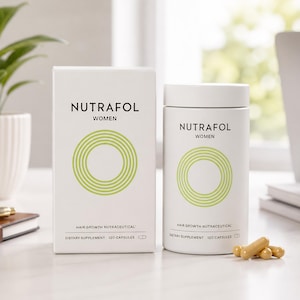 May include: White box and bottle of Nutrafol Women hair growth supplement. The box and bottle have the Nutrafol logo and text. The box and bottle have a green circular design. The box and bottle are next to a small pile of capsules. The text on the box and bottle reads: Hair Growth Nutraceutical, Dietary Supplement 120 Capsules.