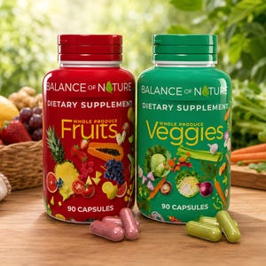 May include: Two supplement bottles, one red and one green, labeled "Balance of Nature." The red bottle says "Fruits" and the green bottle says "Veggies." Each bottle contains 90 capsules. Fruits and vegetables are in the background.