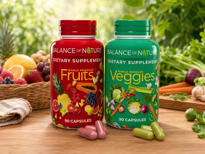 May include: Two supplement bottles, one red and one green, labeled "Balance of Nature." The red bottle says "Fruits" and the green bottle says "Veggies." Each bottle contains 90 capsules. Fruits and vegetables are in the background.