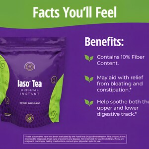 May include: A purple pouch of Iaso Tea, an original instant dietary supplement, with green accents and the text "Facts You'll Feel." The benefits listed include 10% fiber content and relief from bloating.