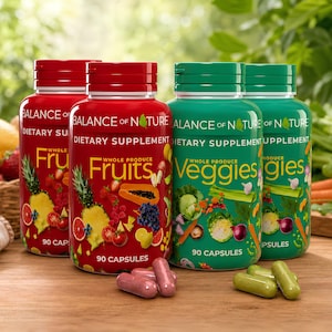 May include: Four supplement bottles with red and green lids. Two bottles are labeled "Fruits" and two are labeled "Veggies". Each bottle contains 90 capsules. The background includes fresh fruits and vegetables.