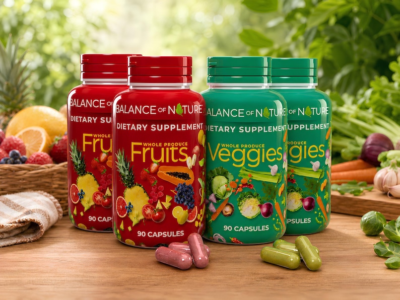 May include: Four supplement bottles with red and green lids. Two bottles are labeled "Fruits" and two are labeled "Veggies". Each bottle contains 90 capsules. The background includes fresh fruits and vegetables.
