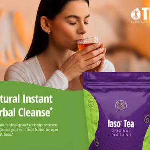 May include: A woman drinks tea from a glass. A purple and green bag of Iaso Tea is in the foreground. The bag has the words "Iaso Tea Original Instant" on it. The text "Natural Instant Herbal Cleanse" is also visible.
