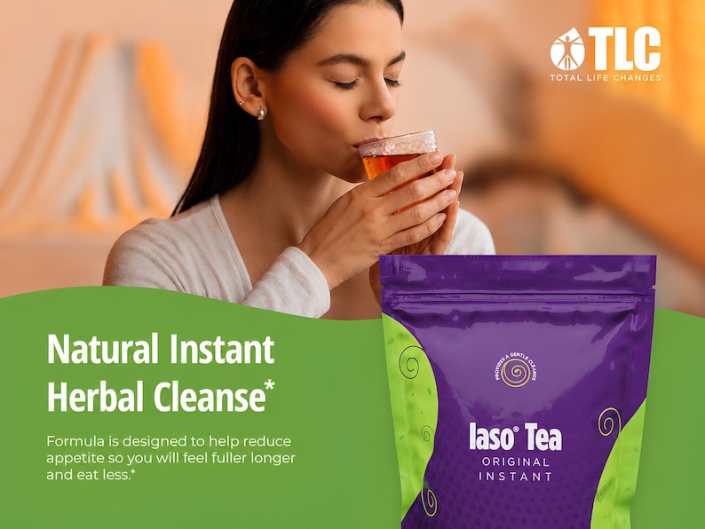 May include: A woman drinks tea from a glass. A purple and green bag of Iaso Tea is in the foreground. The bag has the words "Iaso Tea Original Instant" on it. The text "Natural Instant Herbal Cleanse" is also visible.