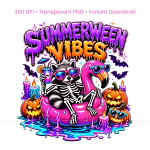 Peut inclure: Illustration numérique colorée avec le texte "Summerween Vibes". Un squelette de raton laveur portant des lunettes de soleil se détend sur un flotteur de flamant rose. Citrouilles, chauves-souris, bougies et cocktail complètent le design.