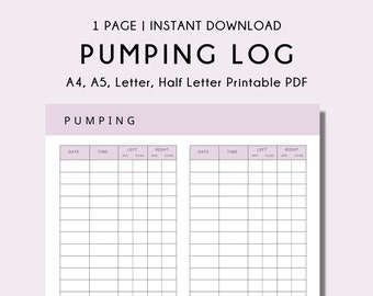 Pumping Tracker | A4, A5, Letter, Half Letter Printable PDF | Breast Pump log | New Mom Organization