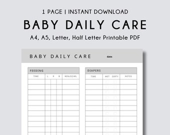 Newborn Daily Care Log | A4/A5/Letter/Half Letter Printable PDF | Baby daily tracker | New Mom Journal | Feeding, Diapers and Sleep Tracker