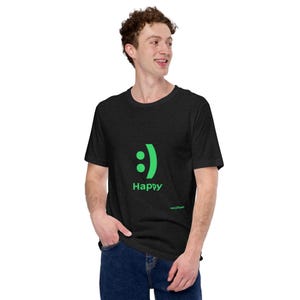 May include: A black short-sleeved t-shirt featuring a bright green graphic of a vertical smiley face composed of two dots and a curved line. Below the graphic, the word Happy is printed in green, with the text nojTeen visible in smaller green font.