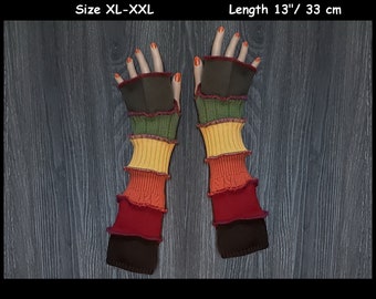 Arm warmers, size XL-XXL, armwarmers, fingerless gloves, hoodie, elf coat, patchwork, Upcycled, Cosplay, rainbow mittens, cuffs, mittens