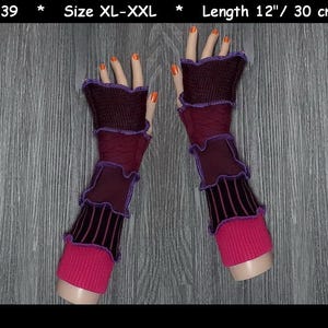 Calentadores de brazos reciclados, talla XL-XXL, calentadores de brazos, elfo, guantes sin dedos, manoplas de retazos,