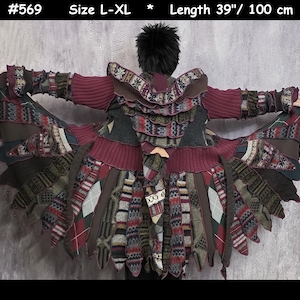 May include: A long-sleeved coat featuring a patchwork design of various knit fabrics in burgundy, brown, and grey with argyle and geometric patterns. The garment includes a hood, measures 100 cm in length, and is labelled as size L-XL #569.