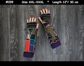 Arm warmers, size XXL-XXXL, armwarmers, elf coat, Fingerless, Gloves, mittens, patchwork, Upcycled, patchwork arm warmers, dream coat