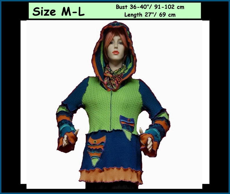 patchwork hippie hoodie elf sweater size L pullover fairy size M