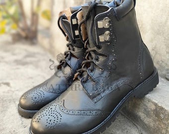 Kilt Ghillie Brogue Schotse kiltlaarzen | Kiltlaarzen met rubberen zool | Schotse zwarte kiltlaarzen van echt leer | Maat: 5-12 inch