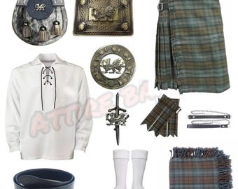 Conjunto de kilt escocés para hombre, ropa informal y de boda, 11 piezas. Disponible en más de 50 tartanes de clanes.