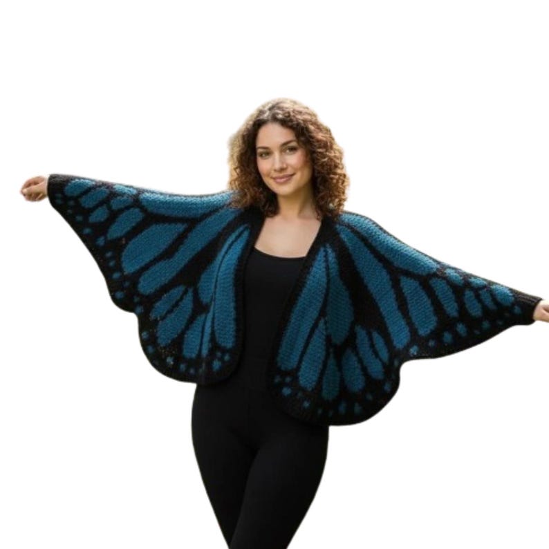 May include: A blue and black butterfly wing-shaped knit cardigan. The cardigan features a detailed wing pattern in shades of blue and black. The open-front design creates a unique, eye-catching look. This handmade garment is perfect for costume parties or everyday wear.