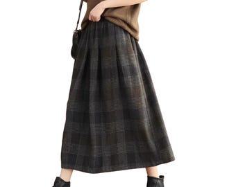 Women’s Plaid A-Line Wool Skirt Winter Maxi Skirt