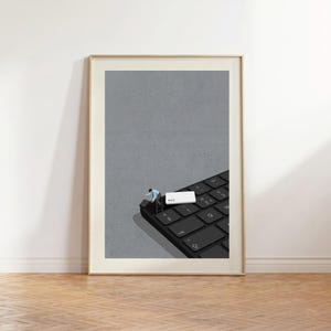 May include: A framed wall art print featuring a surreal illustration of a tiny figure climbing a ladder onto a large black computer keyboard. The figure is positioned near a white key labeled esc, set against a solid gray background.