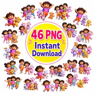 Könnte beinhalten: Eine Sammlung von Dora the Explorer PNG-Bildern mit Dora, ihren Freunden und verschiedenen tierischen Begleitern. Die Bilder sind um eine zentrale Grafik angeordnet, die "46 PNG Sofort-Download" lautet.