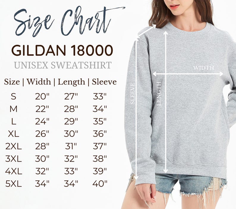 Może przedstawiać: Tabela rozmiar&oacute;w szarej bluzy Gildan 18000 z wymiarami w calach dla rozmiar&oacute;w od S do 5XL. Tabela zawiera szerokość, długość i długość rękawa, wraz z diagramem pokazującym, w jaki spos&oacute;b należy dokonywać pomiar&oacute;w odzieży w celu dopasowania.