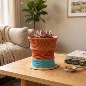 Geometric Self-Watering Planter | Herringbone Texture Succulent Pot (Two-Tone)