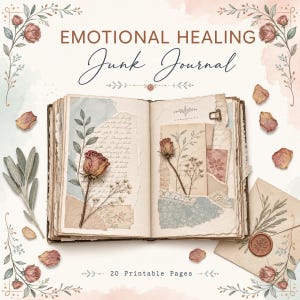 Könnte beinhalten: Ein offenes Junk Journal mit Seiten voller handschriftlicher Notizen, Papiercollagen, Illustrationen von getrockneten Rosen und Spitzenbesatz. Der Text lautet EMOTIONAL HEALING Junk Journal und 20 Printable Pages, umrahmt von floralen Elementen.