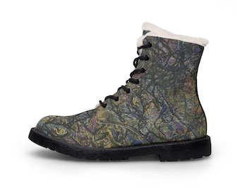 Botas masculinas de couro e pele com rabiscos abstratos escuros