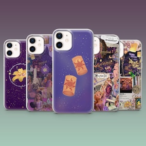 May include: A collection of phone cases featuring designs inspired by the movie "Tangled." The cases showcase various images, including floating lanterns, Rapunzel, and floral elements, all set against a purple background.