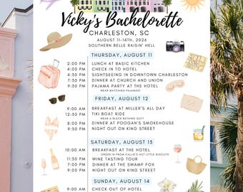 May include: A colorful itinerary for a bachelorette party in Charleston, SC, August 11-14, 2026. The schedule includes activities like sightseeing, dinner, and a pajama party. The design features illustrations of a suitcase, sunglasses, and a camera.