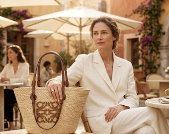 Luxe draagtas van geweven stro, leren schoudertas, grote strandmandtas, handgemaakte zomertas, vakantiereistas, boho-markttasje
