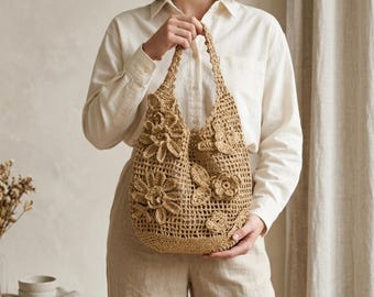 Crochet Flower Raffia Tote Bag | Handmade Boho Shoulder Purse | Woven Beach Market Bag | Floral Knit Summer Handbag | Cottagecore Boho Tote