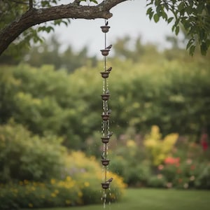 May include: A bronze-colored rain chain with small bird figurines perched on each cup. Water cascades down the chain, creating a gentle waterfall effect. The rain chain hangs from a tree branch in a garden setting.