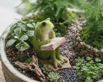 Reading Frog Figurine, Whimsical Resin Garden Decor, Miniature Book Lover Accent