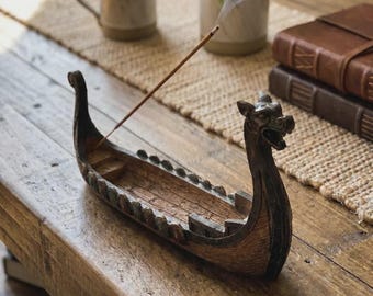 Viking Longship Incense Holder, Dragon Ash Catcher, Norse Fantasy Decor