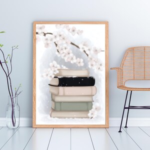 Väggkonst med körsbärsblommor, neutral blomdekor, utskrivbar bokälskare, feminin estetik, minimalistisk digital nedladdning