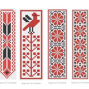 May include: Four vertical cross-stitch patterns on a white grid background. The designs feature red and black geometric motifs, including a bird on a tree, floral shapes, and star-like patterns. Each design includes text stating the design size in stitches.