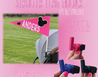 Stroller Flag Holder with Velcro Strap – 3D Printed, Theme Park Accessory, Clip, Clamp
