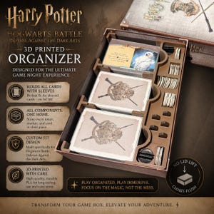 May include: A 3D-printed organizer for the Harry Potter: Hogwarts Battle game. The brown organizer holds cards, tokens, and markers. The text on the organizer says "3D Printed Organizer" and "Defense Against the Dark Arts".