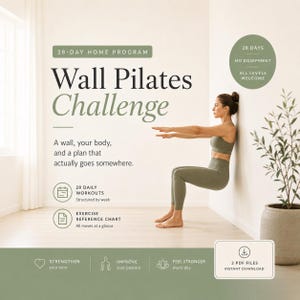 May include: A woman in olive green activewear demonstrates a wall pilates exercise. The image promotes a 28-day home program with the text "Wall Pilates Challenge." Additional text includes "28 Daily Workouts" and "Exercise Reference Chart."
